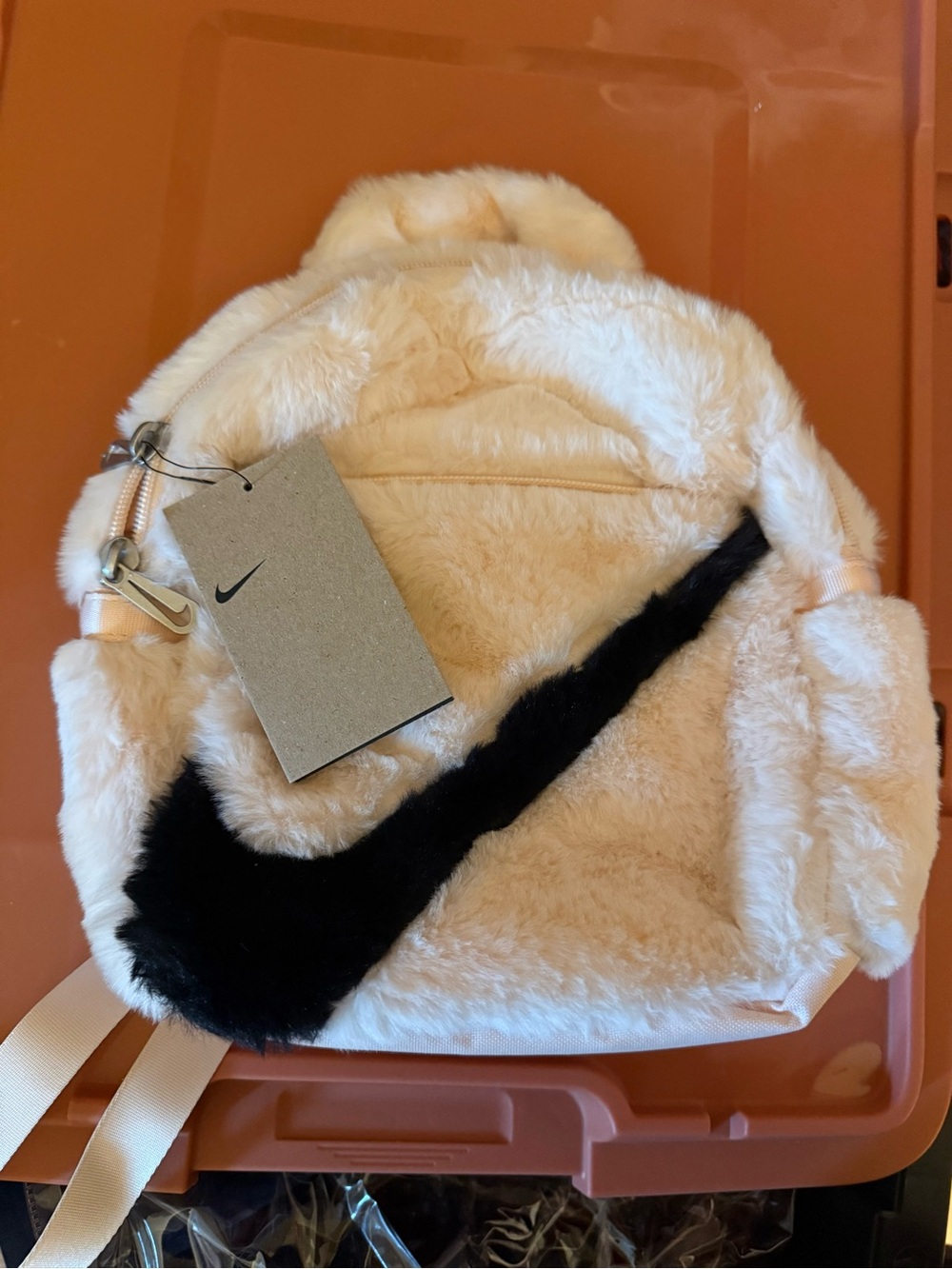 Nike Cream Faux-Fur Backpack with Black Swoosh Accent - Picture 1 of 2